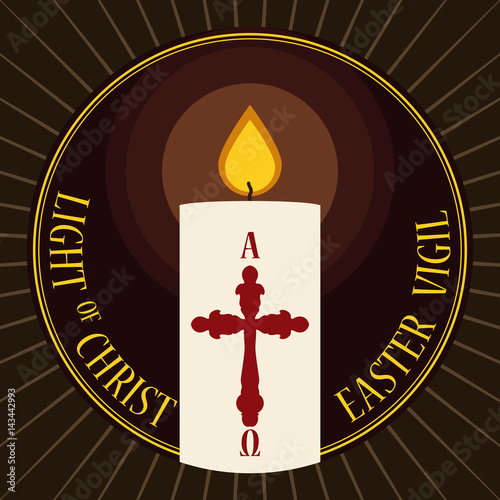 Round Button with Lighted Paschal Candle for Easter Vigil, Vector Illustration
