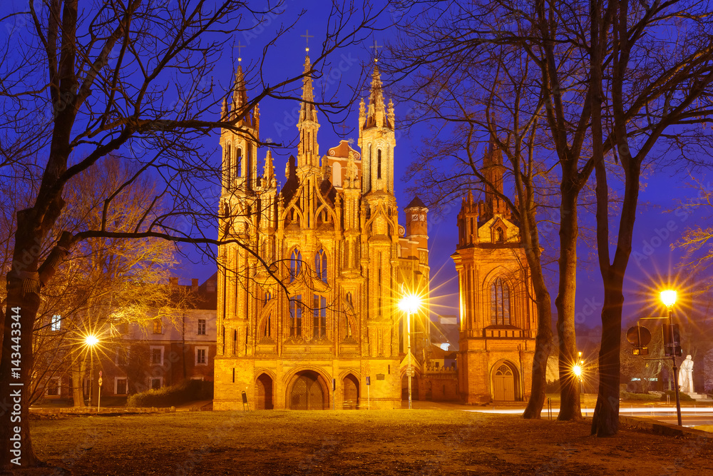 Facade of Saint Anne church during evening blue hour in Vilnius, Lithuania, Baltic states.
