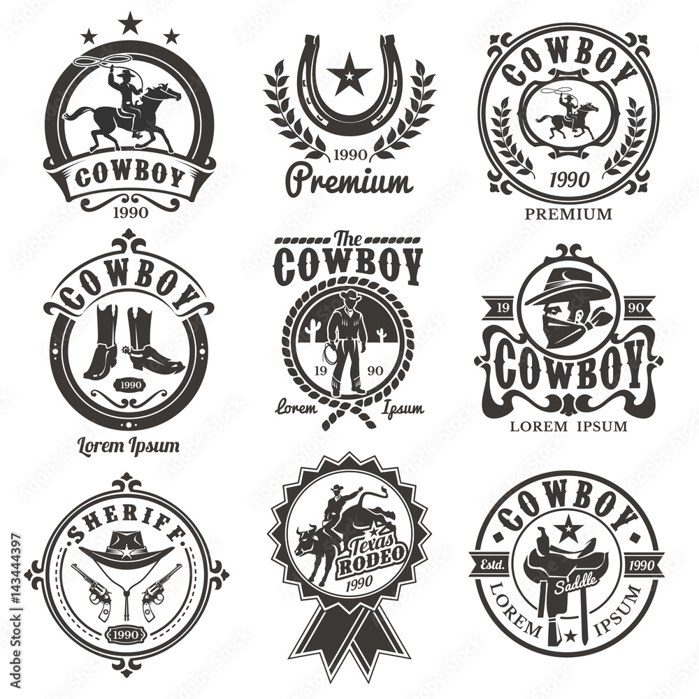 Set of rodeo logos, badges with cowboys silhouettes riding the bull and horse and rodeo accessory isolated on white