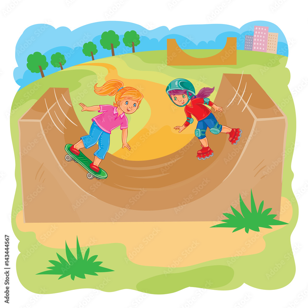  illustration of two girls ride on rollerblades and skateboard using halfpipe in skate park