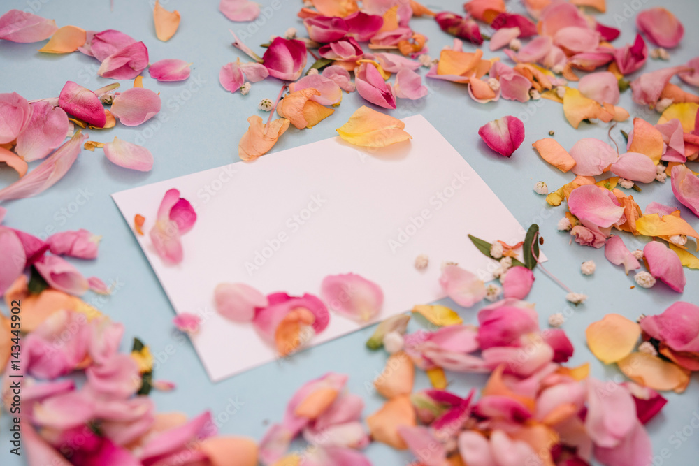 Valentines day or wedding mock up scene with blank card. Floral border of fresh flower petals Valentines day or wedding mock up scene with blank card. Floral border of fresh flower petals