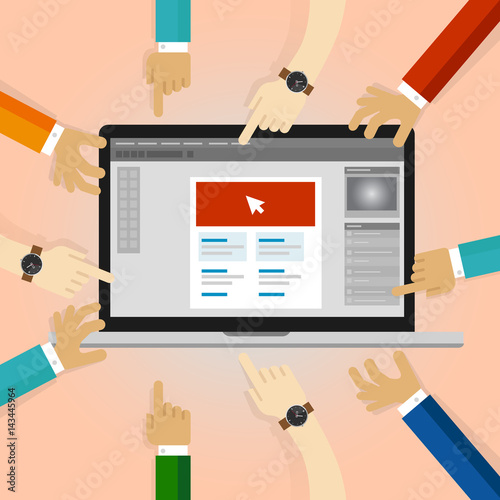 client review graphic design collaboration many hands working on application in laptop. user feed-backs comment revision