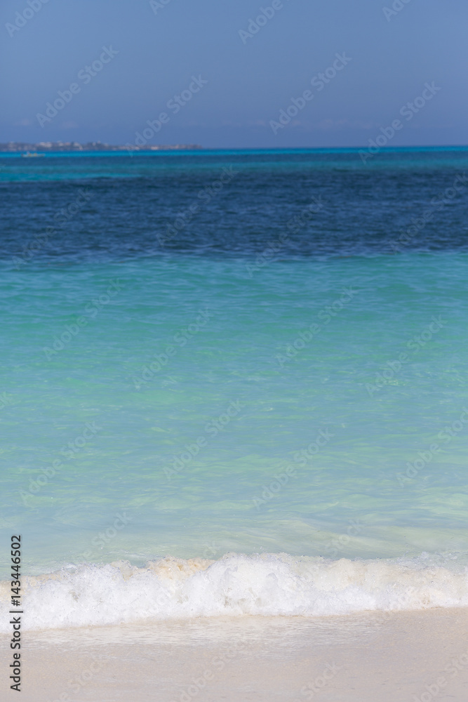 Wave on the beach. Turquoise water of the Caribbean sea. Vertical image.