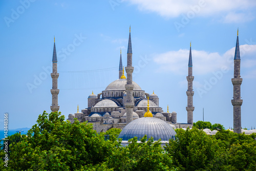 Photography Blue mosque or Sultanahmet Mosque in Istanbul, Turkey from above with blue sky i