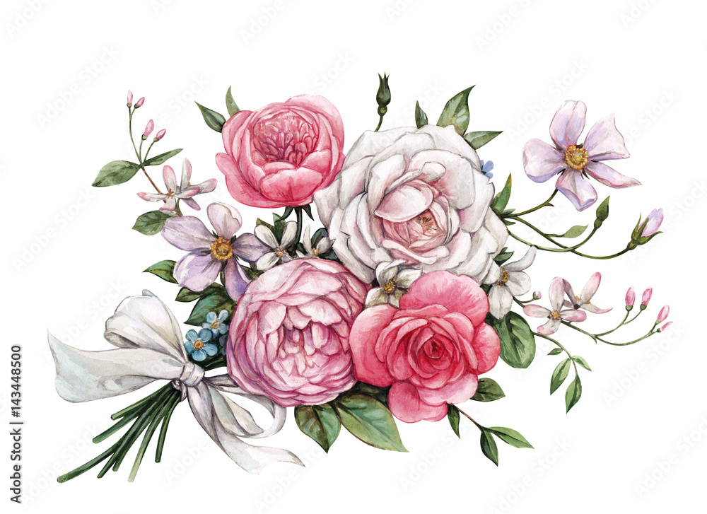 Bouquet with roses and honeysuckle Stock Illustration | Adobe Stock