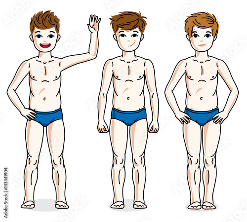 Cute happy young teen boys posing in blue underwear. Vector diversity kids illustrations set. Childhood and family lifestyle cartoons.