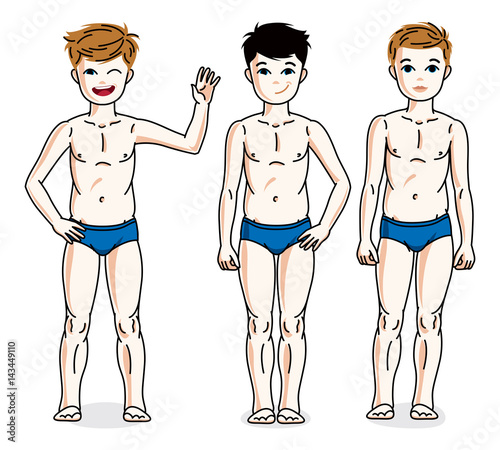 Cute happy young teen boys posing in blue underwear. Vector diversity kids illustrations set. Childhood and family lifestyle cartoons.