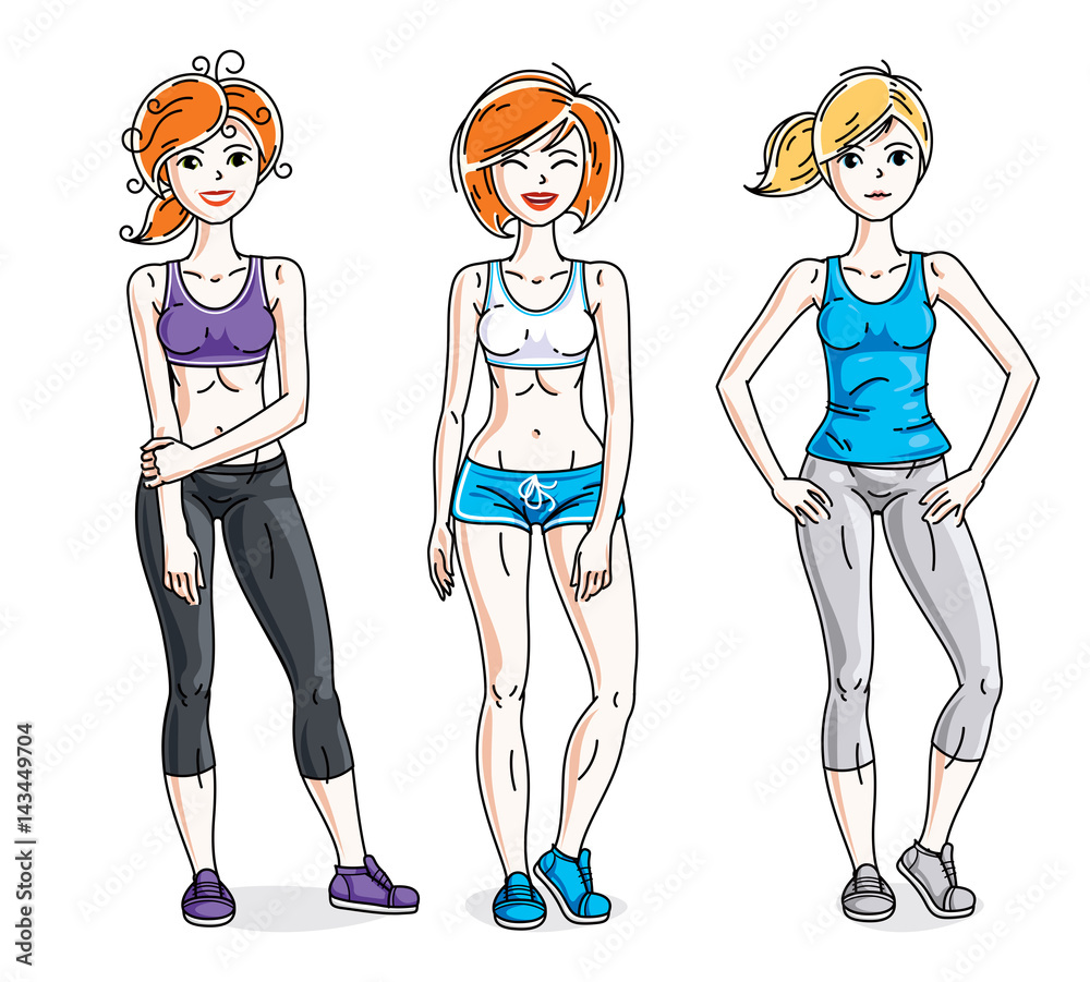 Attractive young women standing wearing stylish sport clothes. Vector people illustrations set.