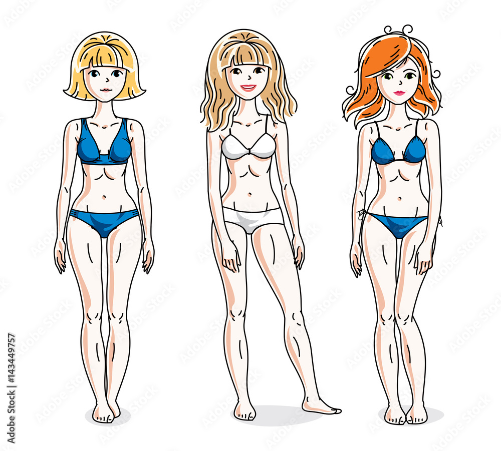 Happy cute young women standing wearing colorful bikini. Vector set of beautiful people illustrations. Happy cute young women standing wearing colorful bikini. Vector set of beautiful people illustrations.