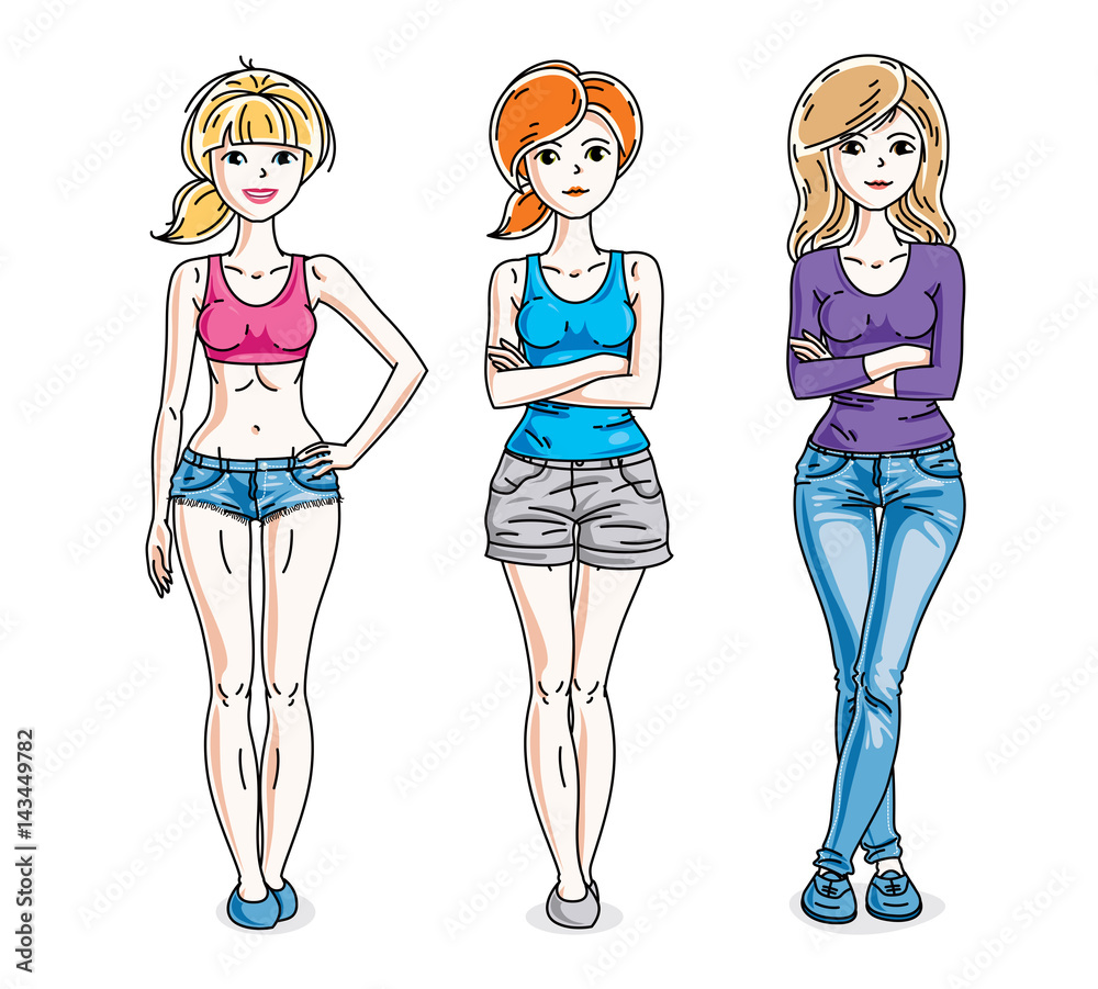 Young beautiful women group standing wearing casual clothes. Vector characters set. Young beautiful women group standing wearing casual clothes. Vector characters set.