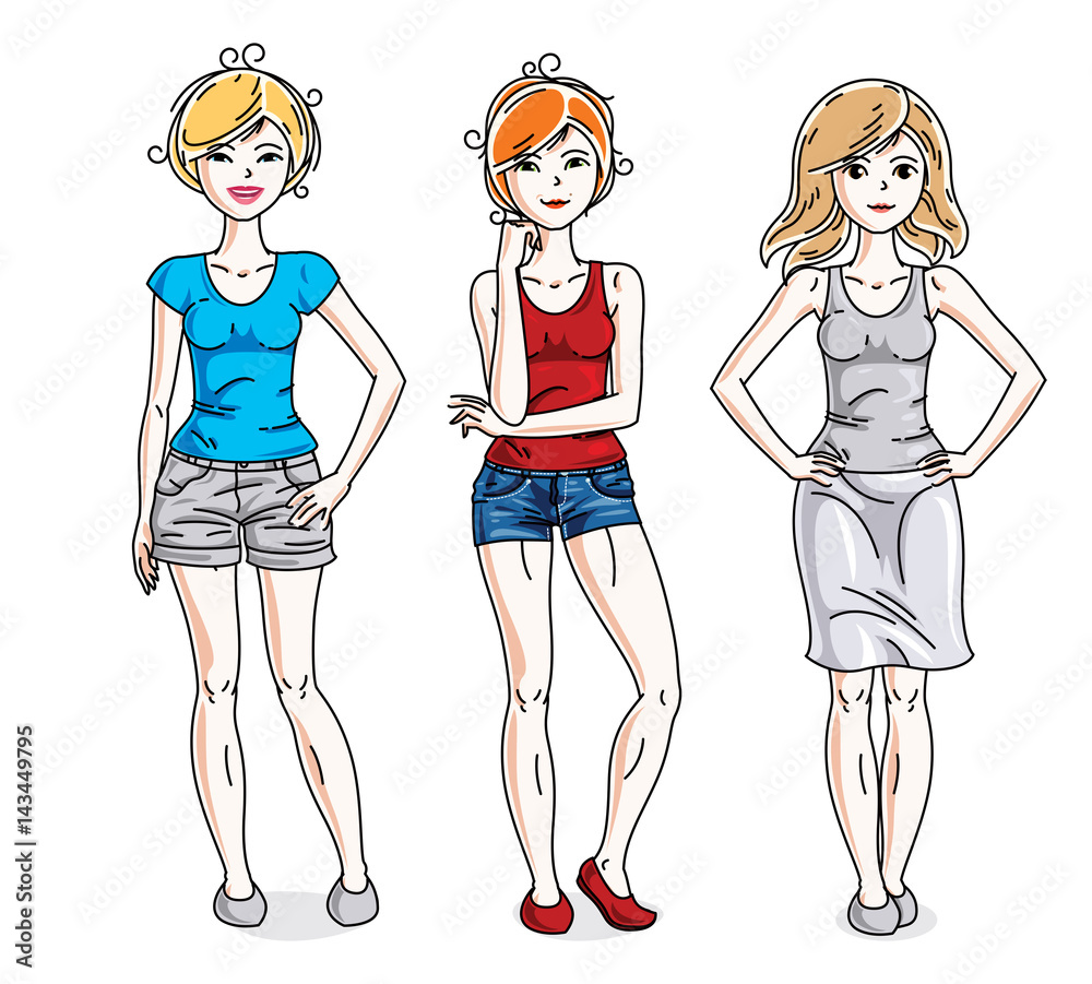 Young beautiful women group standing wearing casual clothes. Vector characters set. Fashion and lifestyle theme cartoons.