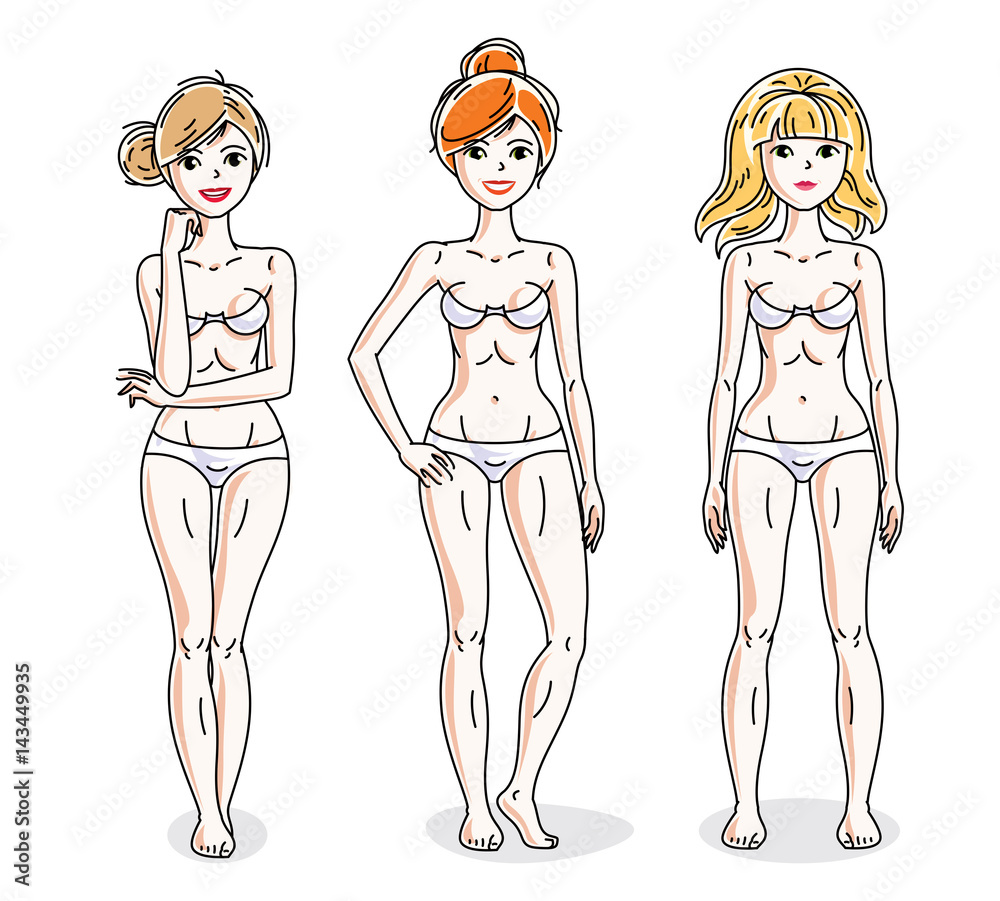 Happy attractive young women standing in white underwear. Vector diversity people illustrations set. Happy attractive young women standing in white underwear. Vector diversity people illustrations set.