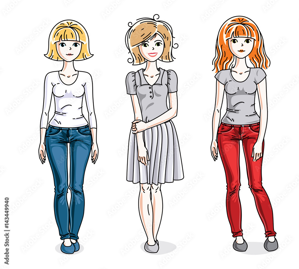 Happy young women posing in stylish casual clothes. Vector people illustrations set. Fashion and lifestyle theme cartoons. Happy young women posing in stylish casual clothes. Vector people illustrations set. Fashion and lifestyle theme cartoons.