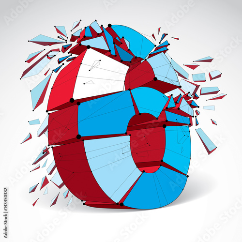 Perspective technology demolished number 6 with black lines and dots connected, polygonal wireframe font. Explosion effect, abstract faceted element cracked into multiple fragments.