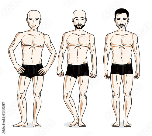 Confident handsome men group standing in black underwear. Vector diversity people illustrations set.