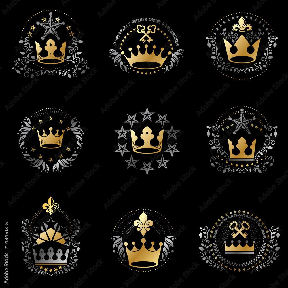 Ancient Crowns emblems set. Heraldic vector design elements collection. Retro style label, heraldry logo. Ancient Crowns emblems set. Heraldic vector design elements collection. Retro style label, heraldry logo.