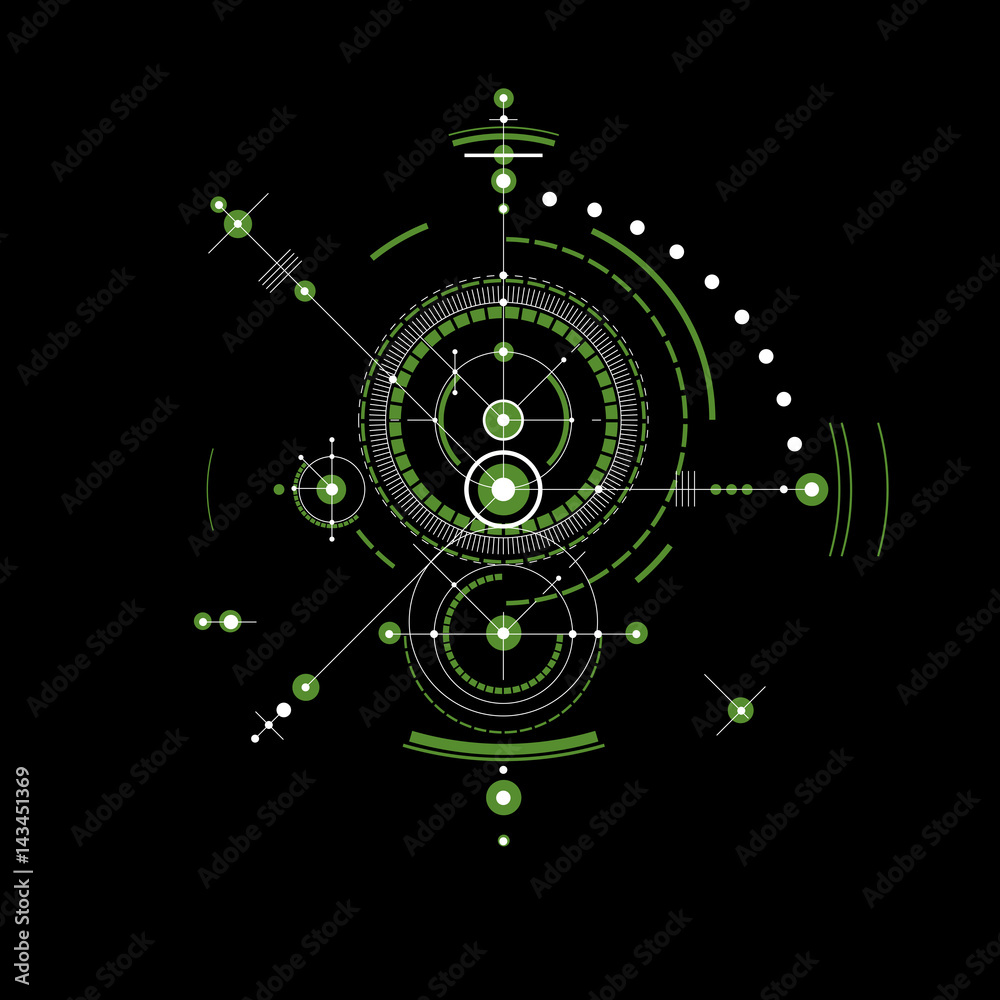 Mechanical scheme, green vector engineering drawing with circles and geometric parts of mechanism. Technical plan can be used in web design and as wallpaper.