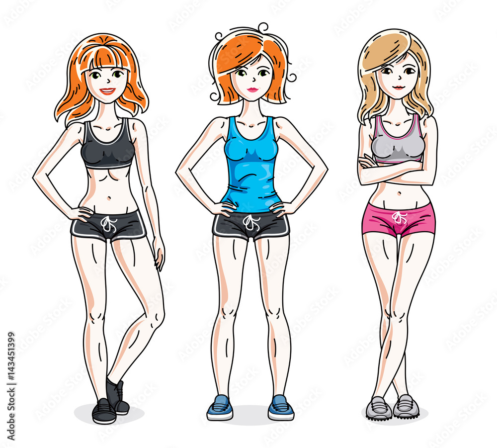 Attractive young women posing wearing stylish sport clothes, sportswoman and fitness people. Vector characters set. Lifestyle theme fem characters.