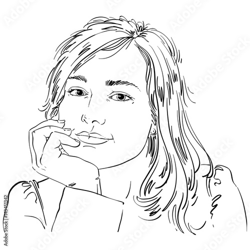 Vector art drawing of pensive romantic woman with stylish haircut. Black and white portrait of attractive pensive lady with beautiful visage features.