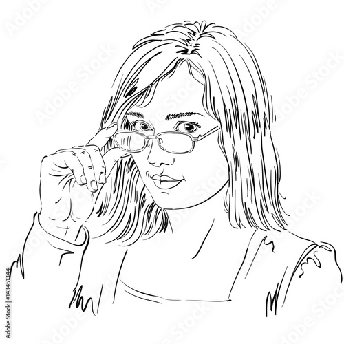 Portrait of delicate good-looking business woman with eyeglasses, black and white vector drawing. Emotional expressions idea image. Gorgeous lady with visage features expressing curiosity.