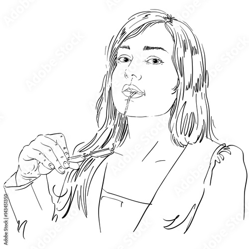 Vector portrait of attractive woman holding her eyeglasses and thinking about something, illustration of good-looking sexy lady. Person emotional face expression, visage features.