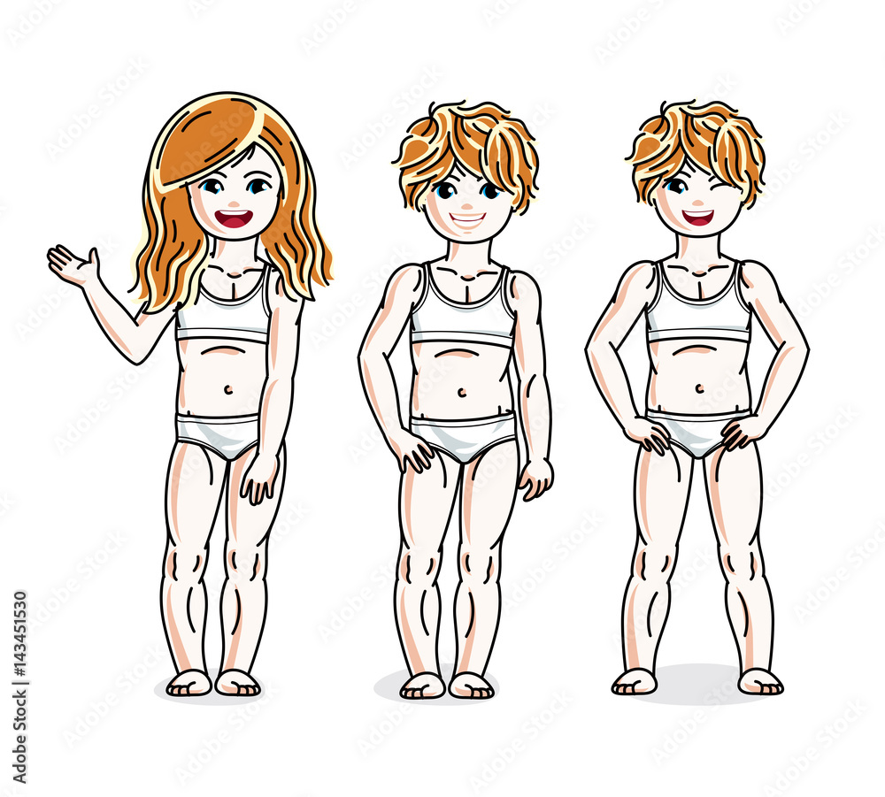 Different little girls cute children standing in white underwear. Vector kids illustrations set. Childhood and family lifestyle cartoons. Different little girls cute children standing in white underwear. Vector kids illustrations set. Childhood and family lifestyle cartoons.