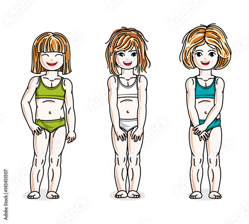 Pretty little girls standing wearing colorful bikini. Vector diversity kids illustrations set.