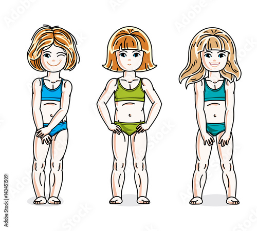 Pretty little girls standing wearing colorful bikini. Vector diversity kids illustrations set. Childhood and family lifestyle cartoons.