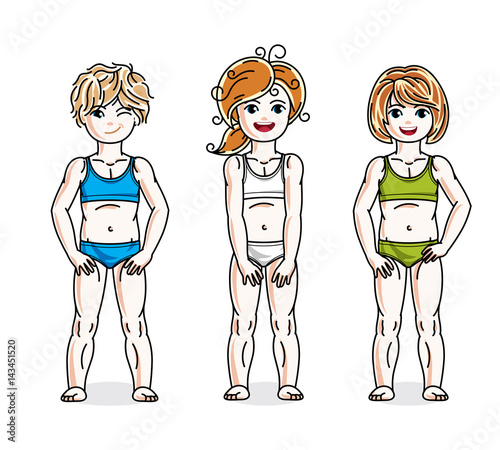 Pretty little girls standing wearing colorful bikini. Vector diversity kids illustrations set.
