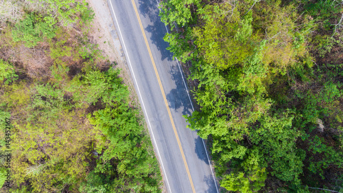 Aerial view of the road through forest. 