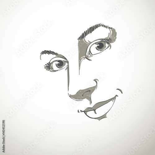 Hand-drawn art portrait of white-skin romantic woman, face emotions theme illustration. Beautiful lady posing on white background, delicate visage features.