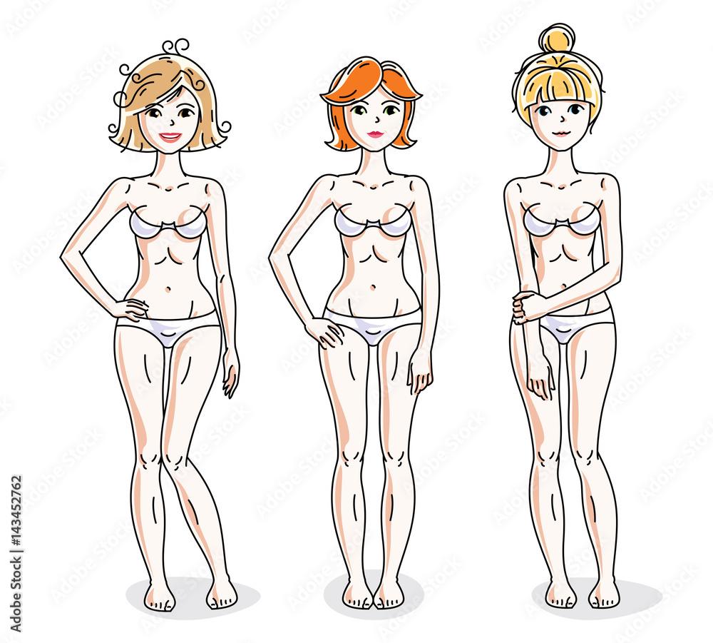 Happy attractive young women standing in white underwear. Vector diversity people illustrations set. Happy attractive young women standing in white underwear. Vector diversity people illustrations set.