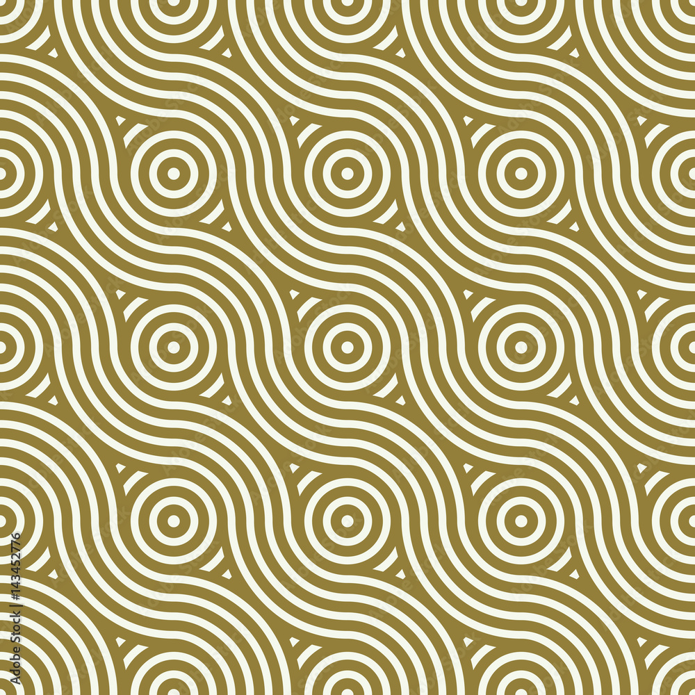 Yellow vector endless pattern created with thin undulate stripes and circles, seamless composition. Continuous interlace texture can be used as website background and as wrapping paper.