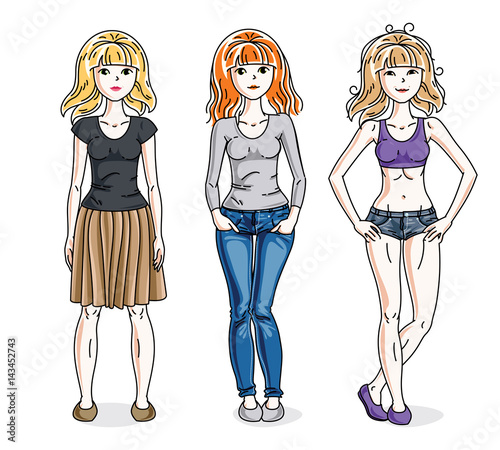 Happy young women group standing wearing fashionable casual clothes. Vector diversity people illustrations set. Fashion and lifestyle theme cartoons.