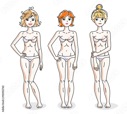 Happy attractive young women standing in white underwear. Vector diversity people illustrations set.