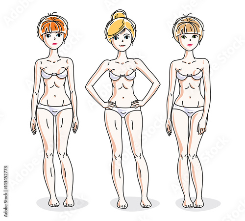 Young beautiful women standing in white underwear. Vector set of beautiful people illustrations. Slim female with perfect body.