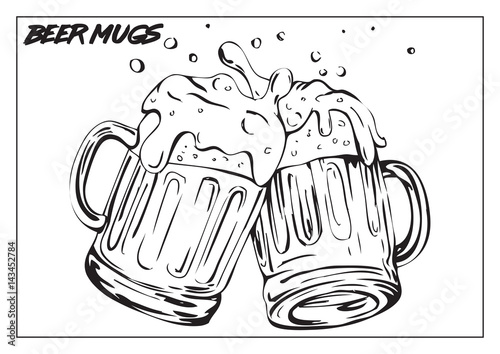 Vector image of two mugs of beer. Drinks with a lot of foam.