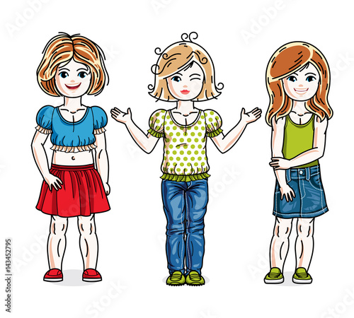 Cute happy little girls posing in stylish casual clothes. Vector diversity kids illustrations set.