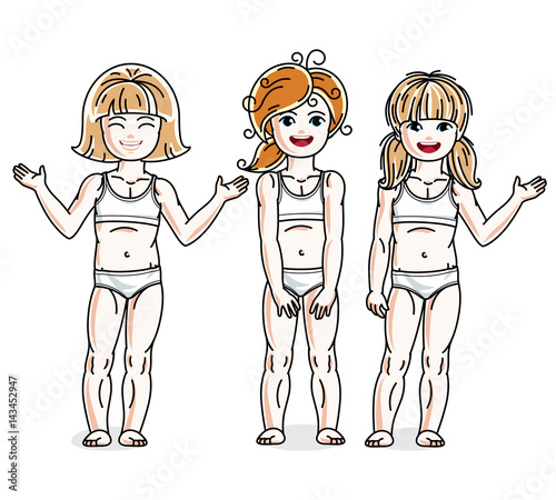 Different little girls cute children standing in white underwear. Vector kids illustrations set.
