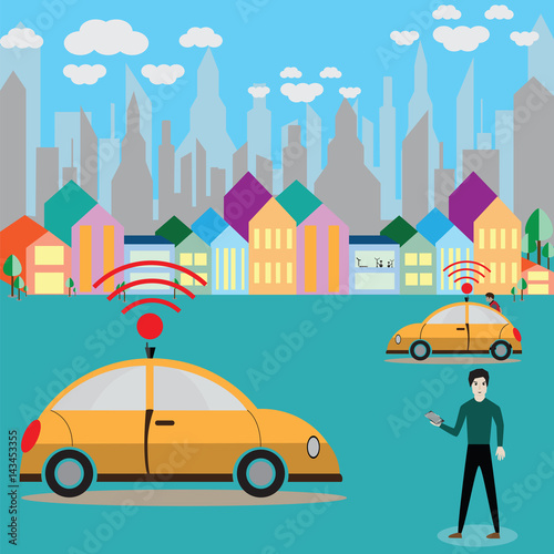 Vector illustration of a smart taxi concept,peoples call taxi from application. © wilkat