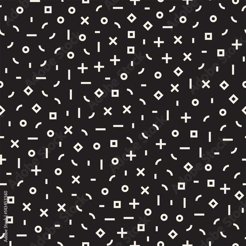 Retro geometric line shapes seamless patterns. Abstract jumble textures. Black and white scattered shapes