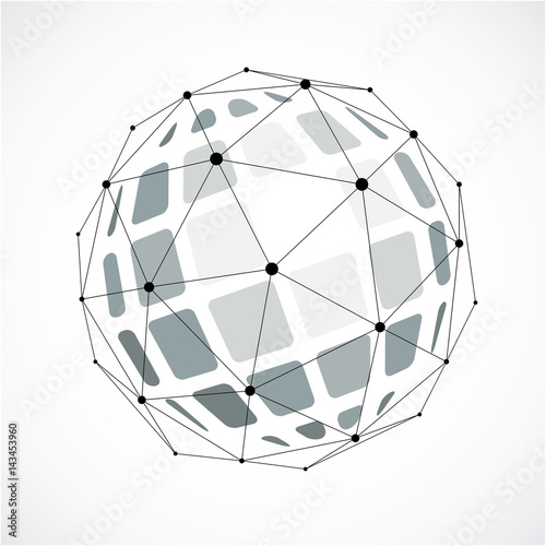Perspective technology shape with black lines and dots connected  polygonal wireframe object. Abstract gray faceted element for use as design structure on communication technology theme