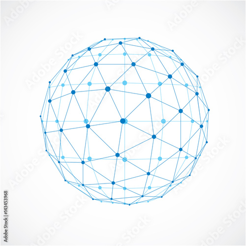 Perspective technology shape with black lines and dots connected, polygonal wireframe object. Abstract blue faceted element for use as design structure on communication technology theme