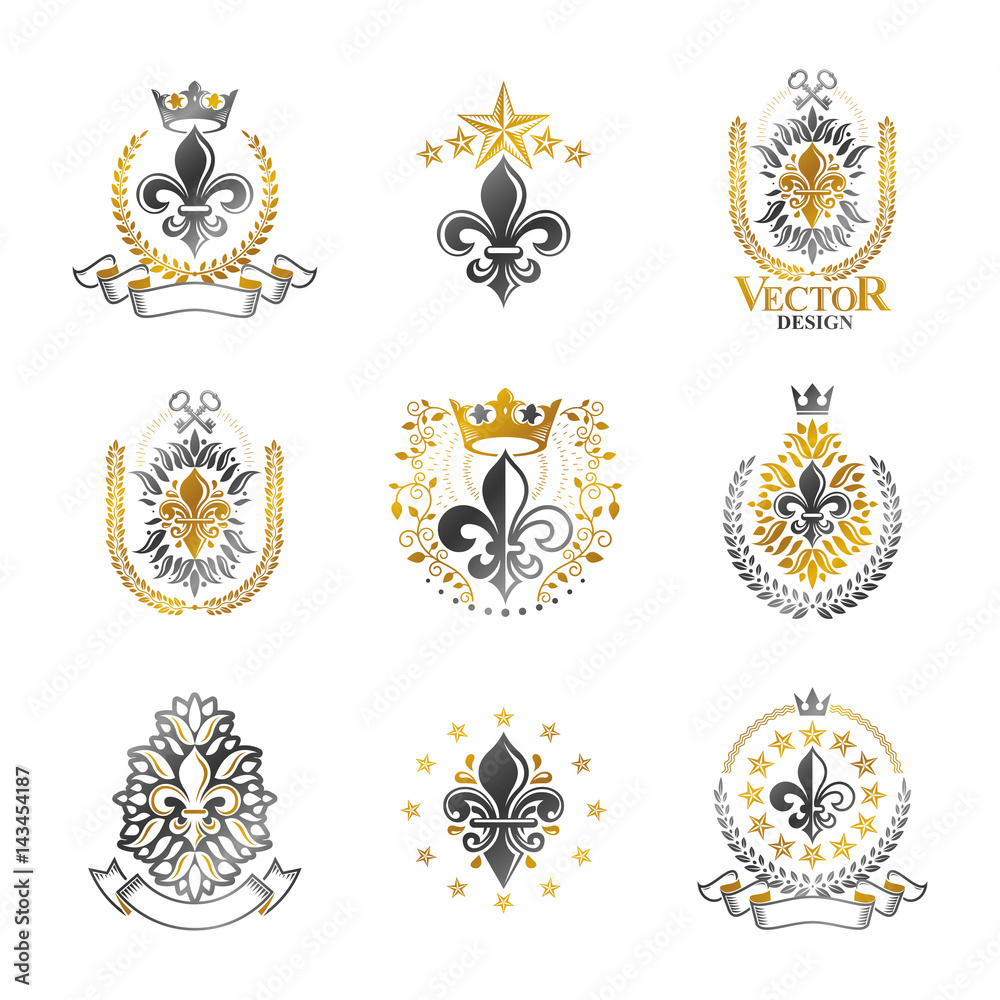 Royal symbols Lily Flowers emblems set. Heraldic vector design elements collection. Retro style label, heraldry logo. Royal symbols Lily Flowers emblems set. Heraldic vector design elements collection. Retro style label, heraldry logo.