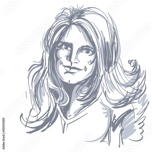 Hand-drawn vector illustration of beautiful romantic woman with long wavy hair. Monochrome image, positive expressions on face of young lady.