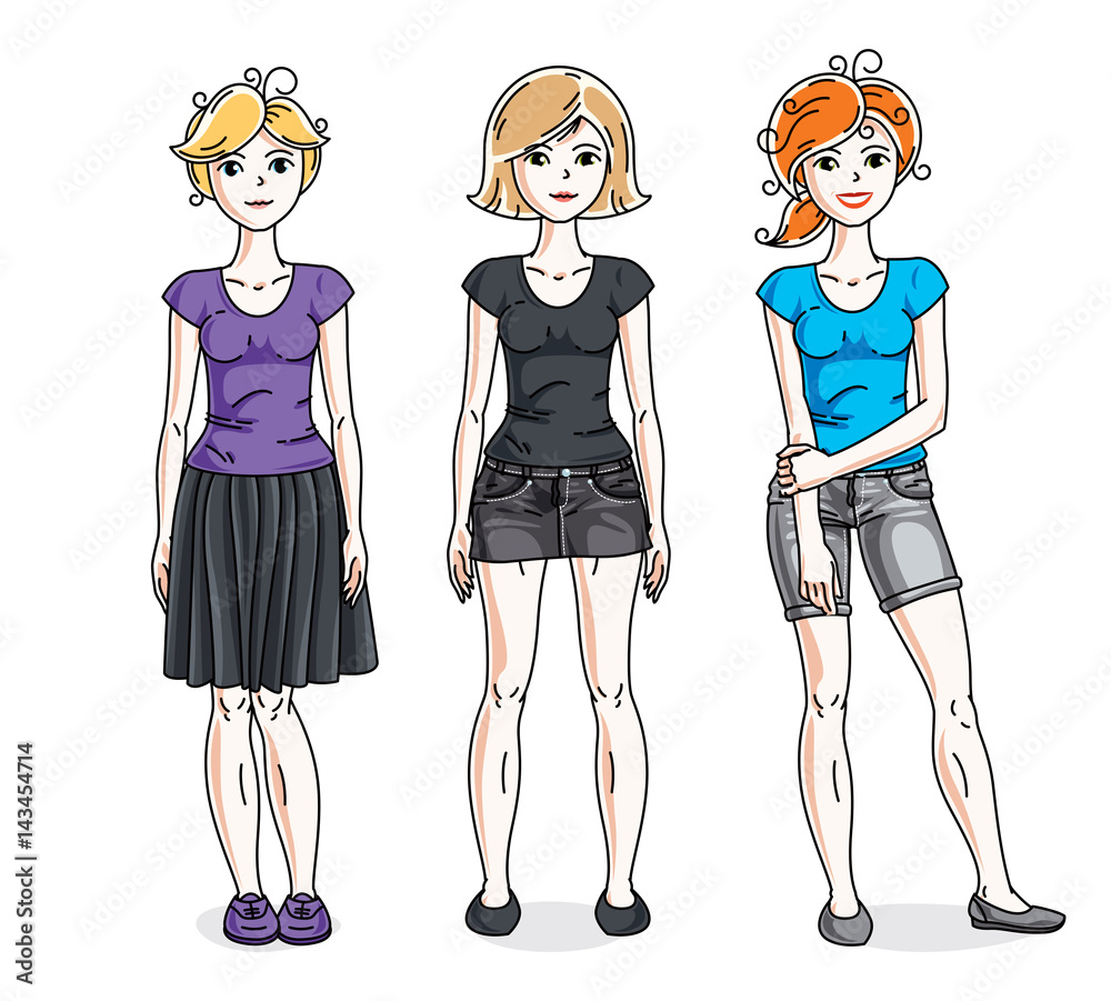 Happy cute young women group standing wearing fashionable casual clothes. Vector set of beautiful people illustrations. Fashion and lifestyle theme cartoons. Happy cute young women group standing wearing fashionable casual clothes. Vector set of beautiful people illustrations. Fashion and lifestyle theme cartoons.