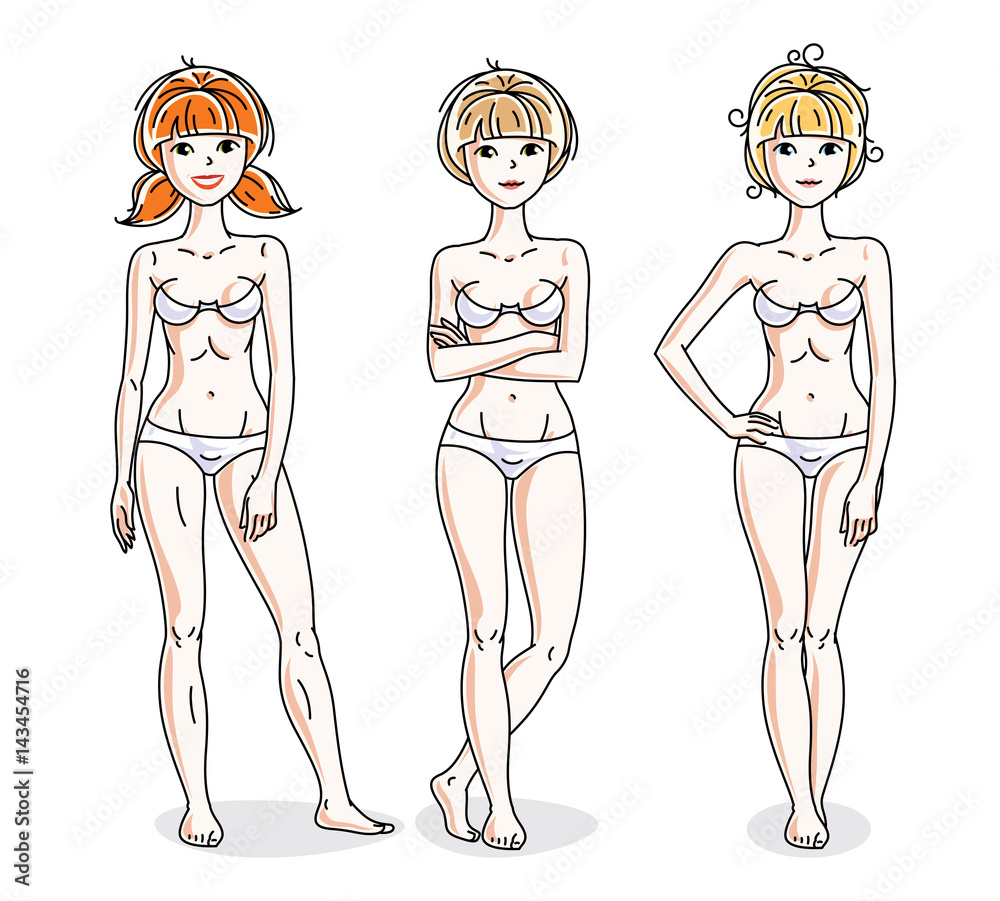 Young beautiful women standing in white underwear. Vector set of beautiful people illustrations. Young beautiful women standing in white underwear. Vector set of beautiful people illustrations.