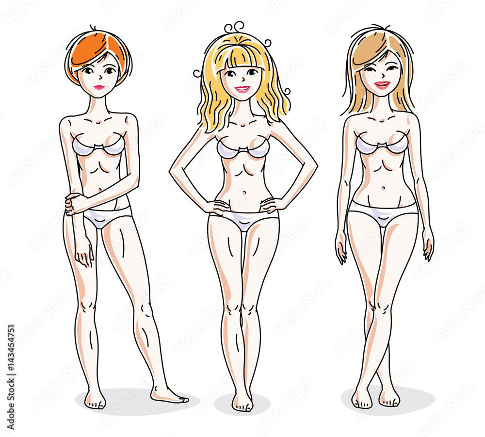 Young beautiful women standing in white underwear. Vector set of beautiful people illustrations. Young beautiful women standing in white underwear. Vector set of beautiful people illustrations.