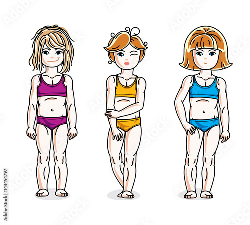 Happy little girls posing in colorful bikini. Vector set of beautiful kids illustrations. Childhood and family lifestyle clip art.