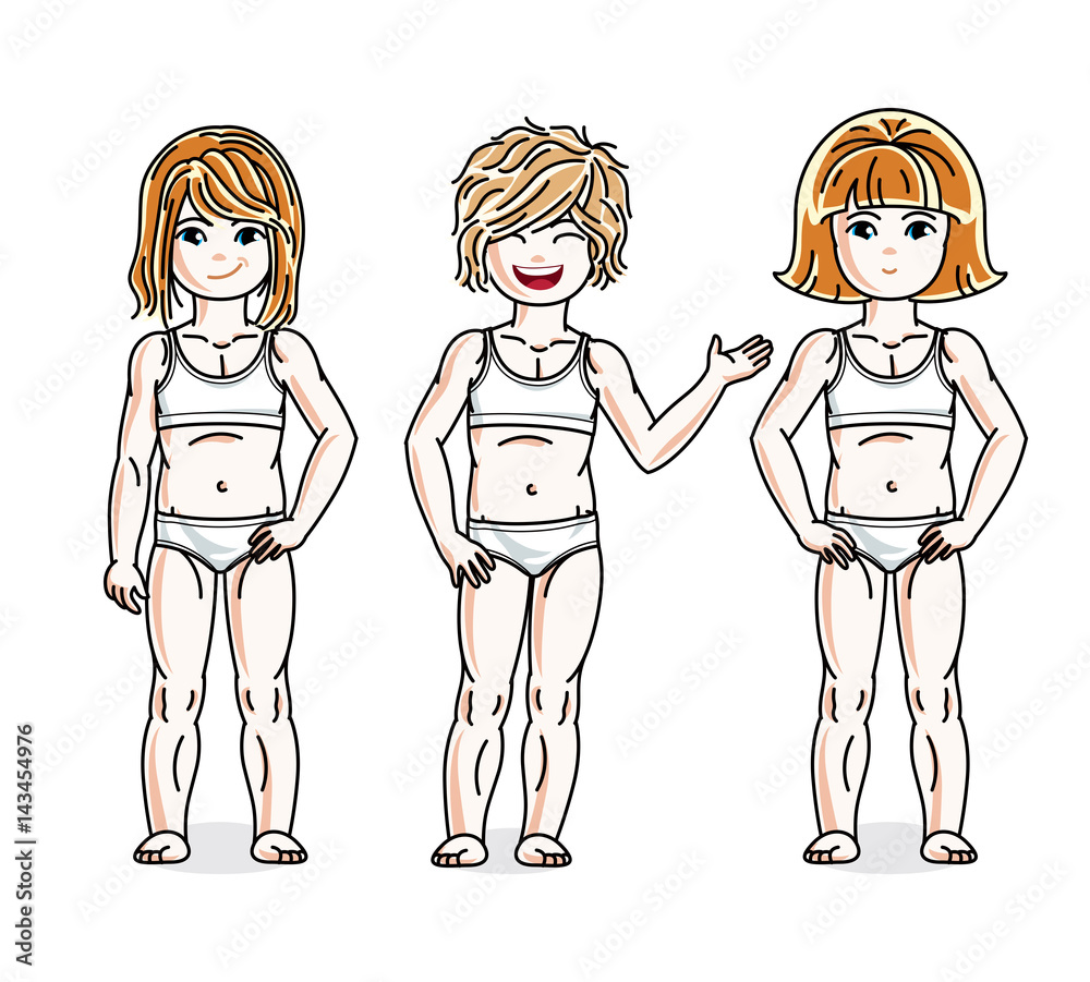Beautiful little girls group posing in white underwear. Vector set of beautiful kids illustrations. Childhood and family lifestyle clip art. Beautiful little girls group posing in white underwear. Vector set of beautiful kids illustrations. Childhood and family lifestyle clip art.